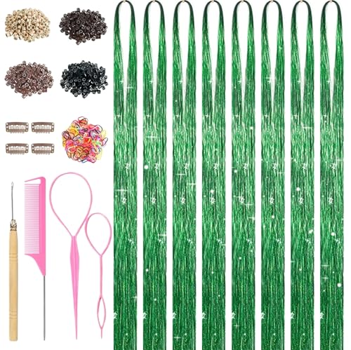 Rootoo Green Hair Tinsel 8 Pcs Fairy Hair Tinsel Kit for Girls Women - Includes Tools
