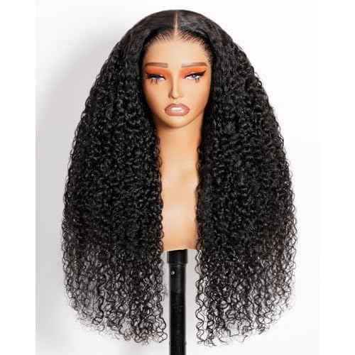 Arabella 13x6 Curly Human Hair Wig Deep Wave Lace Front Wigs Human Hair 220% Density Glueless Wigs Pre Plucked Pre Cut 12A Curly Wig Human Hair Ear to Ear Natural Black 20Inch
