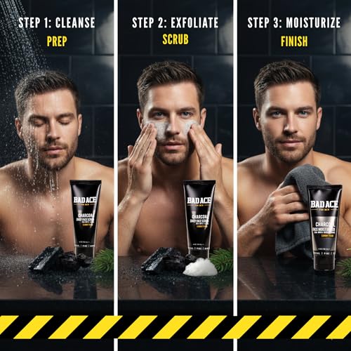 BAD ACE Daily Men's Charcoal Face Wash with Scrubs, Korean Exfoliating Face Wash - Premium Face Scrub for Men, Deep Cleansing Skin Care | Men's Facial Cleanser for Oily Skin & Normal Skin, 4 oz