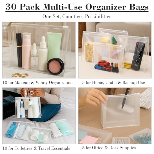 Clear Makeup Bag, Circloophs 30 Pack Large Cosmetic Bags with Zipper TSA Approved Travel Bags Bulk for Toiletries Plastic EVA Water-resistant Reusable Pouches for Bathing Suit Bikini, 8.7" x 7" x 2.2"