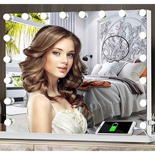 Hollywood Makeup Vanity Mirror with Lights 32 x 24 Inch 18 Pcs LED Extra Large Hollywood Vanity Lighted Makeup Mirrors X10 Magnifier USB 3 Color Makeup Desk Tabletop Vanity Make up Mirrors