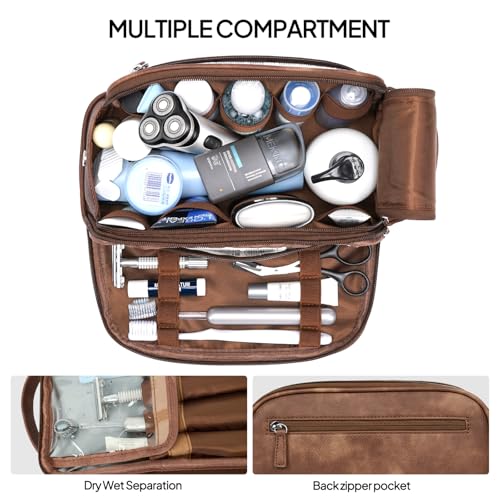 TOPEAST Large PU Leather Toiletry Bag for Men - Waterproof Dopp Kit