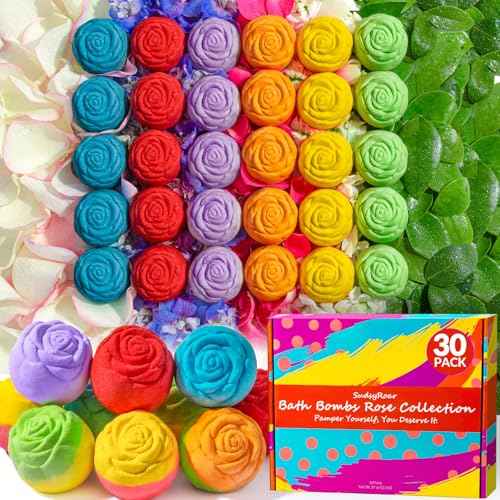 30 Rose-Shaped Bath Bombs ? Handmade with Natural Ingredients, 6 Calming Scents, Relaxing Spa Gifts for Women, Men, Teens & Kids ? Self Care Gifts for Summer & Birthdays
