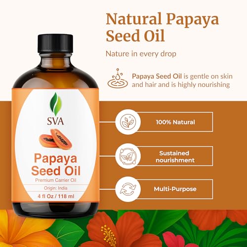 SVA Papaya Seed Oil - 4 Fl Oz ? 100% Natural Cold Pressed Papaya Oil - for Face, Skin Care, Hair Care, Scalp Massage & Body Massage ? Carrier Oil with Dropper
