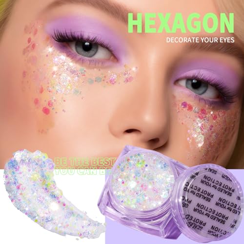 Teenitor Face Glitter Body Glitter, Clear White Body Glitter Gel, Hair Glitter Gel, 6 Shapes Rave Glitter, Mermaid Sequins Makeup Glitters Face Paint, Chunky Sparkling Glitter Gel for Women