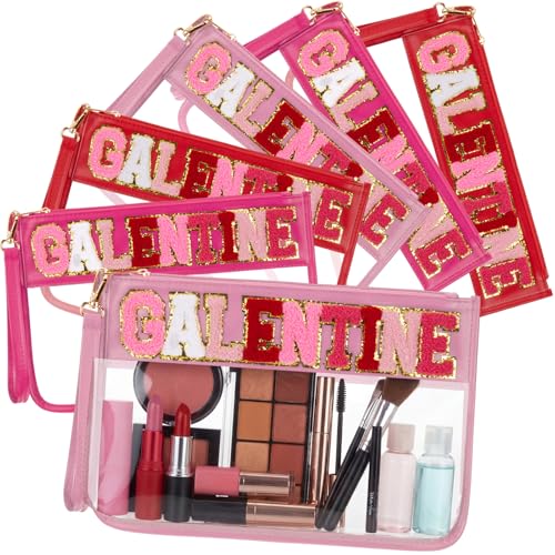 6 Pcs Galentine's Day Makeup Bags Gifts Bulk Chenille Letter Clear Zipper Pouch Waterproof Nylon Organizer for Women Girls Friends Ladies Valentine's Day Party Favors Decorations