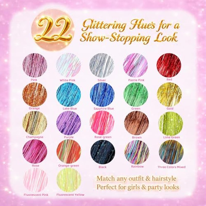 48-Inch Hair Tinsel Kit - 20 Pcs Glitter Strands for Parties
