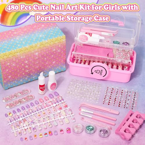 480 Pcs Kids Press-On Nail Art Kit with Glue & Storage Case