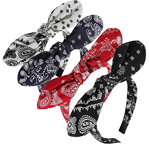 4 Pack Women's and Girls Bow Headbands - Paisley Print Elastic Hair Accessories