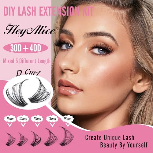 DIY Lash Extension Kit 320pcs Lash Clusters Kit D Curl Eyelash Extension Kit 30D+40D Individual Lashes 9-16mm Wispy Eyelashes Extension Kit with Lash Bond and Seal and Lash Tweezers by HeyAlice