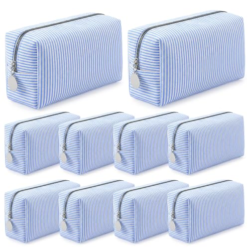 10 Pcs Blue Seersucker Makeup Bags - Travel Cosmetic Organizer
