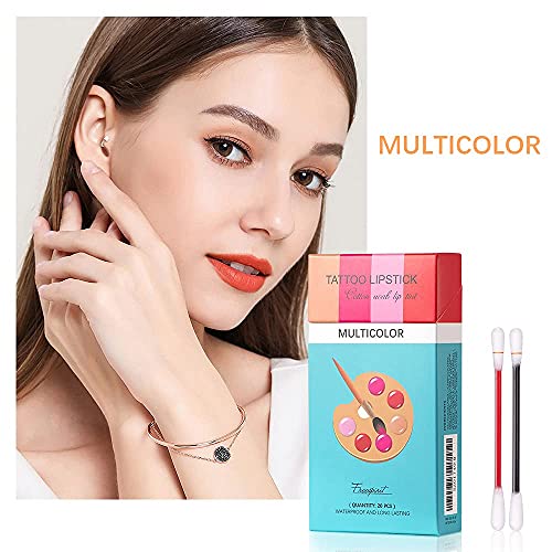 FLIPNEX 20Pcs Cotton Swab Tattoo Lipstick, Tattoo Lipstick Cotton Swab Lip Tint, Waterproof and Long Lasting Liquid Non-Stick Portable Lip Gloss (Multicolor)