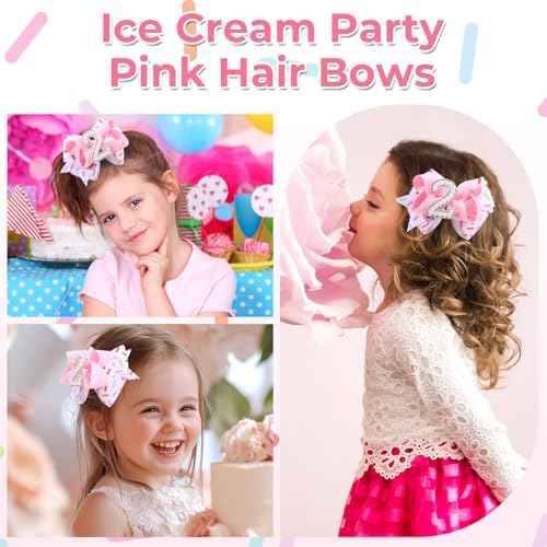 2PCS Hair Bows for Baby Girls Birthday - 2nd Birthday Hair Bow Sweet Theme with Ice Cream Party, Pink Hair Accessories for Baby Toddler 1 2 3 4 5 6 Years, Outfit & Decorations