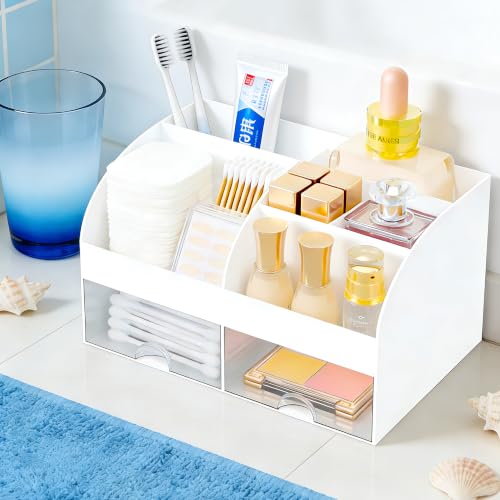 Makeup Organizer with Drawers & Brush Holder - White