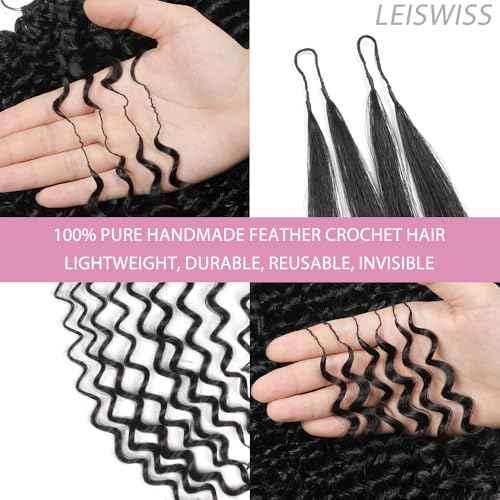 Human Crochet Hair for Black Women Curly Knotless Human Hair Crochet Bundles 18 Inch 50g Pre-Separated Feather Crochet Human Hair Wet and Wavy Invisible Crochet Hair Extensions Kit Natural Black