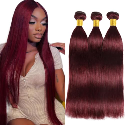 #99J Burgundy Straight Hair Bundles - 3 Pack, 14-18 Inch