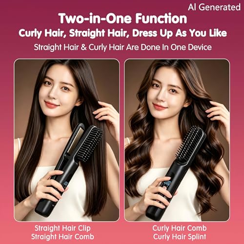 Cordless Hair Straightener Brush 2-in-1 with Curler & 4 Heat Settings