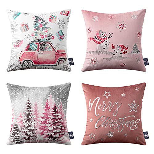 Phantoscope Set of 4 Merry Christmas Decorative Print and Embroidery Velvet Throw Pillow Covers Snowman, Star, Snowflake, Tree Cushion Cover, Pink, 18 x 18 inches, 45 x 45 cm