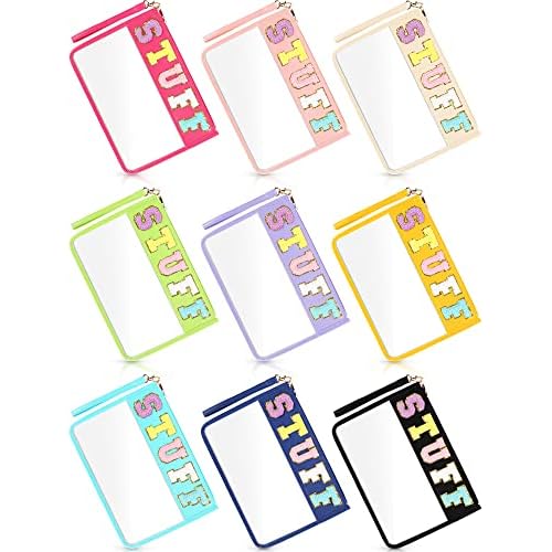 Nuanchu 9 Pcs Clear Stuff Pouch for Travel & Makeup, Chenille Letter Bags PVC Waterproof Snack Bag, Cosmetic Pouch Preppy Gifts for Women Vacation
