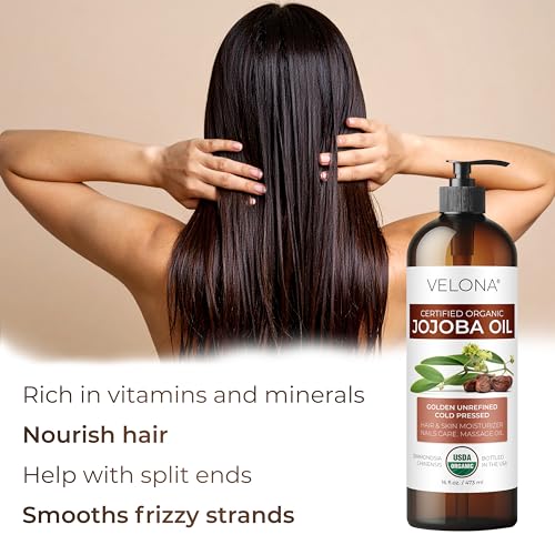 velona Jojoba Oil USDA Certified Organic - 32 fl oz (With Pump) | 100% Pure and Natural | Golden, Unrefined, Cold Pressed, Hexane Free | Moisturizing Face, Hair, Body, Skin Care