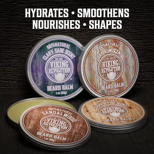 Viking Revolution 4 Beard Balm Variety Pack (1oz Each) - Sandalwood, Pine & Cedar, Bay Rum, Clary Sage - Styles, Strengthens and Softens Beards and Mustaches - Wax for Men (Pack of 2)