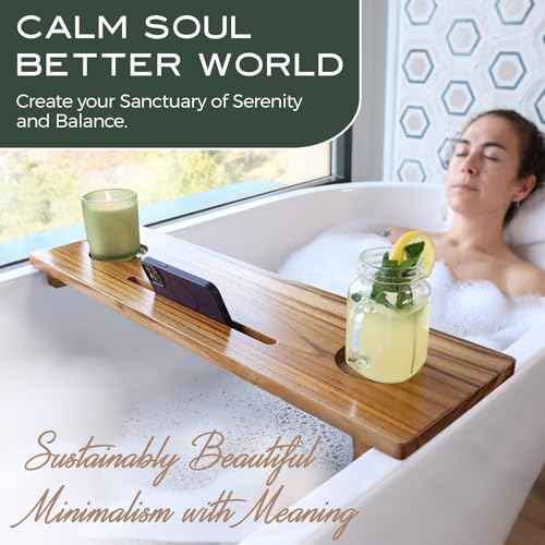 Fjord | Superior Teak Bathtub Tray Wood 29" for Small Tubs | Adjustable Wooden Bathtub Caddy | Sustainable Minimalist Bath Table Tray for Home Spa | by JapandiSpirit