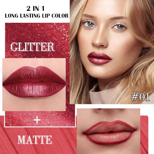 Dark Red Metallic Lip Liner & Lipstick Set - Waterproof Long-Lasting Makeup for Women