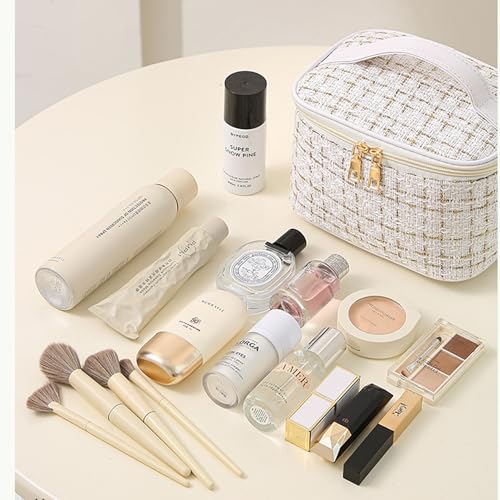Tweed Cosmetic Travel Bag Large Capacity Makeup Case White