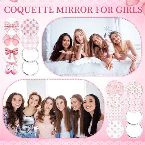 12 Pcs Christmas Bow Party Favors Mini Compact Mirror Bulk Coquette Aesthetic Party Favors Little Pocket Mirrors for Women Girl Birthday Holiday Stocking Stuffer (Cute Style,Pink)