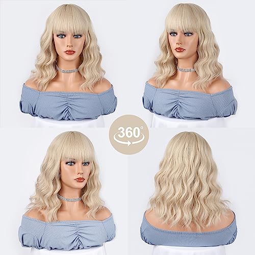 Aiemnnie Short 613 Bob Wig with Bangs for Women Wavy Wig Synthetic Wigs with Bangs Curly Wavy Wig for Girls Daily Use （14 Inches）