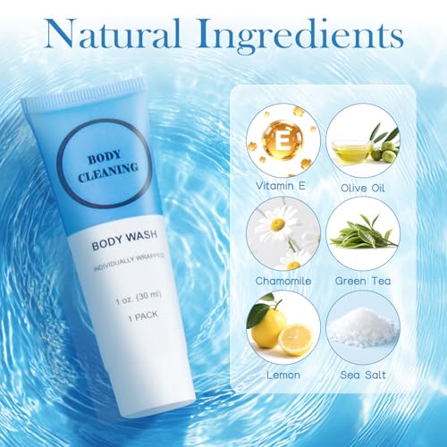 Travel Size Body Wash, Individually Wrapped Bulk 1 oz/30 ml Mini Shower Gel Set Trial Sample Small Single Use Toiletries Amenities Kit for Men & Women for Hotel/Camping/Vacation/Homeless (10 Pack)