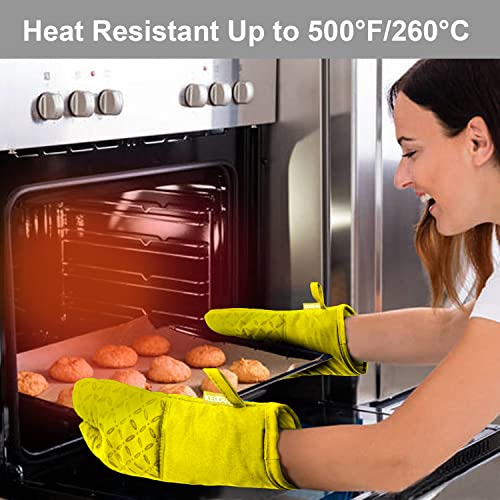 KEGOUU Oven Mitts and Pot Holders 6pcs Set, Kitchen Oven Glove High Heat Resistant 500 Degree Extra Long Oven Mitts and Potholder with Non-Slip Silicone Surface for Cooking (Yellow)