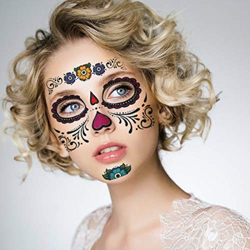 4 Pcs Day of The Dead Sugar Skull Face Temporary Tattoo Halloween Makeup Tattoo Stickers for Halloween Masquerade Party with 1 Rose Red Flower Crown Headband