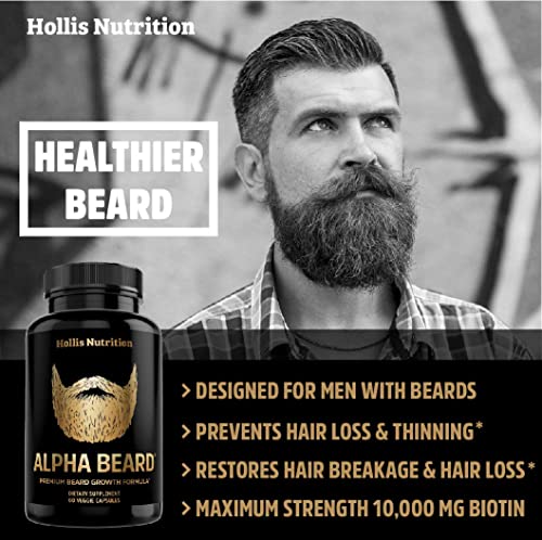 ALPHA BEARD Growth Vitamins | Biotin 10K MCG, Collagen, Keratin, OptiMSM®, goMCT®, BioPerine® | Beard and Hair Growth Supplement for Men | Regrow Stronger, Thicker, Healthier Facial Hair