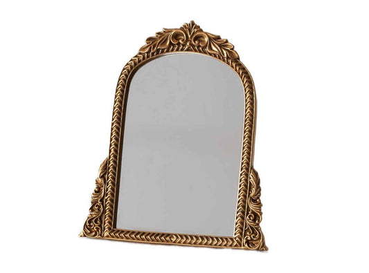 VntgVIB Small Table Mirror, Antique Gold Compact Vanity Mirror with Vintage Carved Arch Frame, 11.8 x 9.6 Desk Décor for Bedroom, Living Room & Vanity Tables