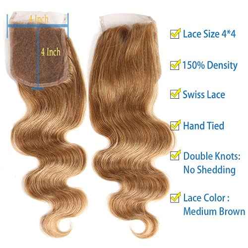 X-TRESS 4X4 Honey Blonde Closure Human Hair Pre Plucked With Baby Hair 4X4 Transparent Lace Free Part Bleached Konts 16 Inch Malaysian Natural Hair Human Hair Body Wave Honey Blonde Lace Closure