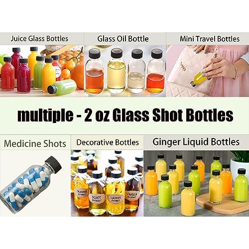 DIDITIME 24 Pack 2 oz Small Clear Glass Bottles with Lids & 4 Funnels - 60ml Boston Round Sample Bottles for Potion, Juice, Ginger Shots, Oils, Whiskey, Wellness Shots, Mini Travel Bottles