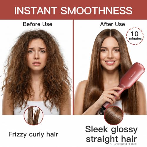 MEGAWISE Red Ceramic Ionic Hair Straightener Brush Dual Voltage with LCD Temp Control