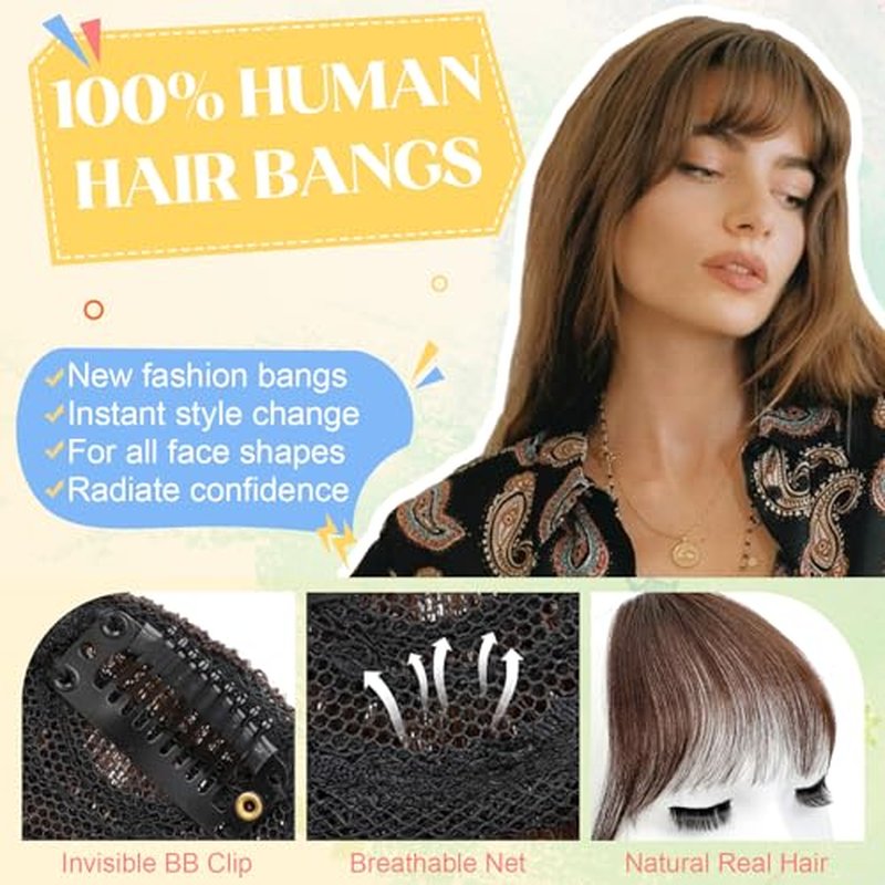100% Human Hair Clip-In Bangs - Wispy Dark Brown Fringe for Women