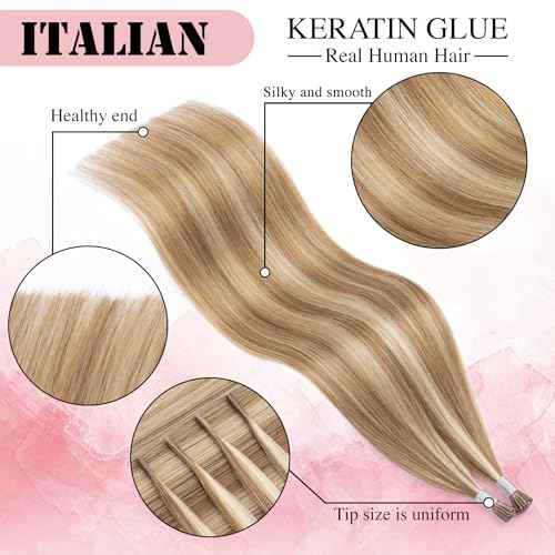 Senmy Itips Hair Extensions Human Hair Brown mix with Blonde 22inch Silky Straight Real Human Hair I Tip Extensions 50g/pack I tip Hair Extensions Human Hair