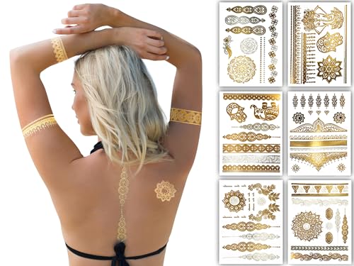 Terra Tattoos Gold Metallic Temporary Tattoo Sheets - 75+ Designs