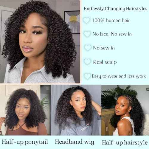 Kinky Curly Half Wig Human Hair Drawstring Seamless Flip Over Half Curly Wig Human Hair Invisible Hairline Glueless Wear and Go Wigs For Black Women Beginner Friendly 22Inch 200% Density