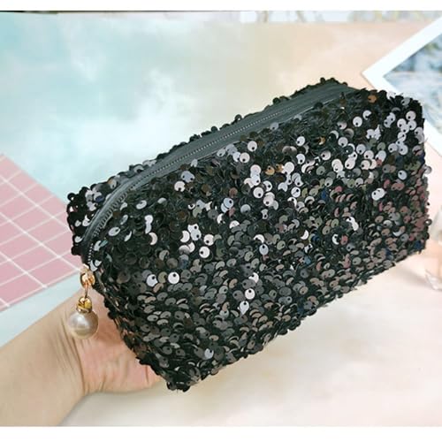 HomeSoGood Sequin Cosmetic Bag Large Glitter Makeup Zipper Bag Toiletry Bag Capacity Travel Cosmetic Handbag for Women Girls Travel Daily Use(Black)