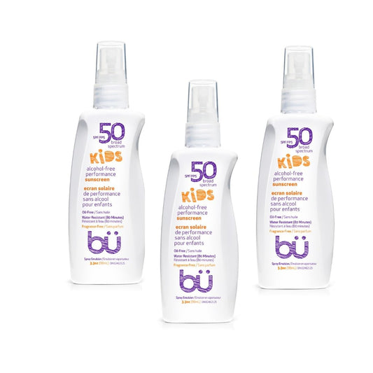 Sunscreen Spray Kids SPF 50 by Bu - Travel Size Organic formulation for Sensitive Skin - Fragrance-Free, Oil-Free, Non Greasy, Non Comedogenic, Water-Resistant (3.3 Ounce - 3 Pack)