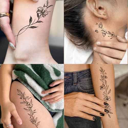 Temporary Tattoos for Women - 49 Pcs Line Leaves Sketch Fake Tattoos for Arm Wrist Leg Body/Realistic/Long Last/Waterproof