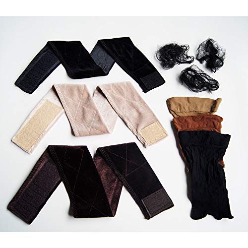 Deepth 3PCS Flexible Velvet Wig Grip Scarf Head Hair Band Wig Band Adjustable Fastern Black Brown and Beige Free 3 Wig Cap and 3 Invisible Hair Nets (Velvet)