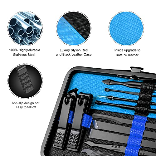 Keiby Citom Professional Stainless Steel Nail Clipper Travel & Grooming Kit Nail Tools Manicure & Pedicure Set of 18pcs with Luxurious Case (Black/Blue)