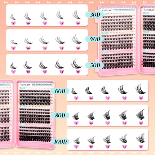 GEMERRY 565Pcs Lash Clusters D Curl Volume Eyelashes Clusters Extensions with Thin Band for DIY at home (30D+40D+50D+60D+80D+100D, 8-16mm)