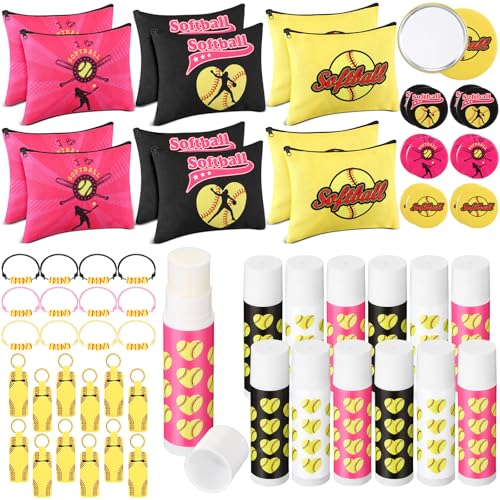 60 Pcs Softball Team Gifts for Girls Include 12 Softball Makeup Bags 12 Lip Balm 12 Makeup Mirrors 12 Lipstick Holder Keychains 12 Adjustable Bracelet for Sports Lovers