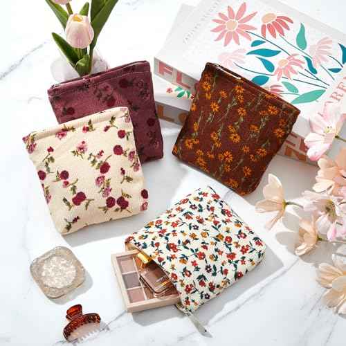 Abbylike 4 Pcs Floral Makeup Bag Corduroy Cosmetic Bag with Zipper Portable Small Pouches for Purse Toiletry Mini Pouch Cute Mini Makeup Purse for Coin Essentials Items Women(Elegant)